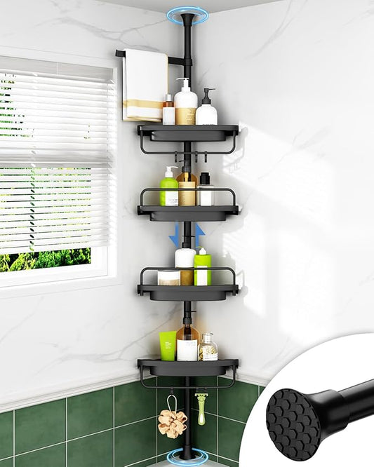 ALLZONE Corner Shower Caddy Tension Pole, Extendable Rustproof Stainless Steel Pole & 4-Tier Adjustable Shelves for Easy Drai