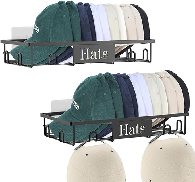 Metal Hat Rack for Wall, 2-Pack Hat Organizer for Baseball Caps Holds 20 Hats, Wall Mounted Hat Storage Holder Display, No Dr
