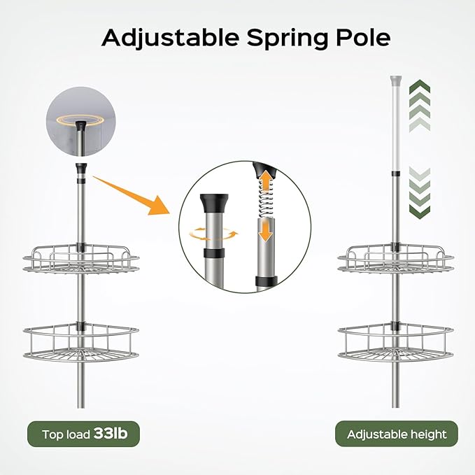 HAMITOR Corner Shower Caddy Tension Pole: 4-Tier Rust-Resistant Adjustable Bathroom Organizer Shelves - 47-121 Inch No-Drill 