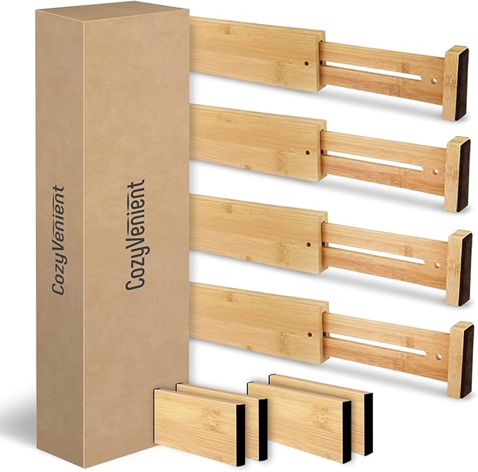 Adjustable Bamboo Drawer Dividers for Clothes, Kitchen Utensils, Office Desks, Bathroom Accessories, Socks and Underwear, and