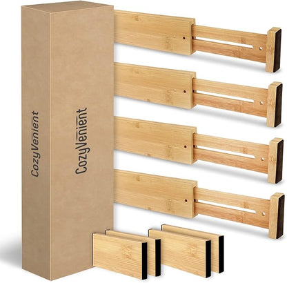 Adjustable Bamboo Drawer Dividers for Clothes, Kitchen Utensils, Office Desks, Bathroom Accessories, Socks and Underwear, and