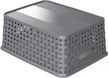 WYT 12-Pack Plastic Small Shelf Storage Weave Baskets for Organizing, Grey