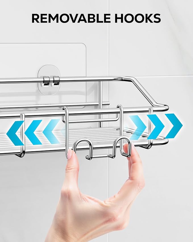 Nieifi Shower Caddy Shelf with Hooks Storage Rack Organizer Adhesive Stainless Steel without Drilling for Bathroom, Lavatory,
