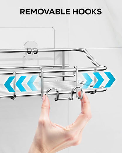 Nieifi Shower Caddy Shelf with Hooks Storage Rack Organizer Adhesive Stainless Steel without Drilling for Bathroom, Lavatory,
