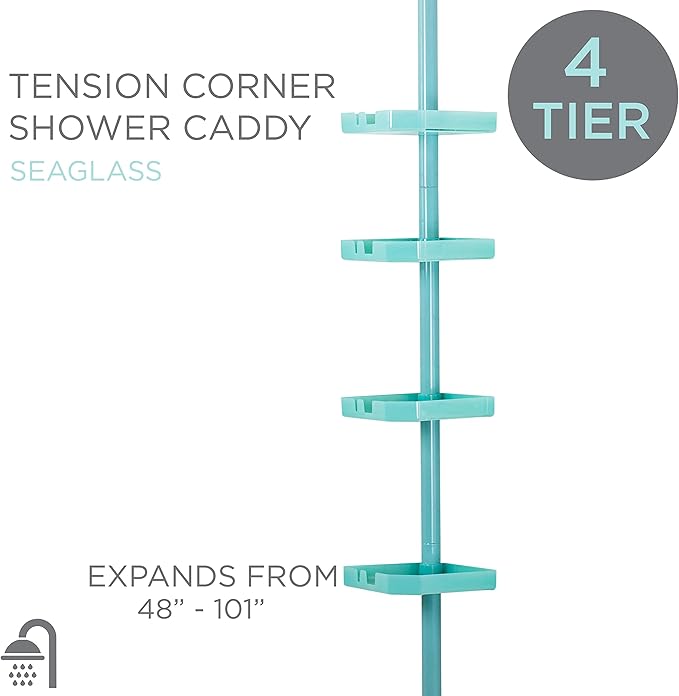 Bath Bliss 4 Tier Tensions Corner Shower Caddy | Shelves | Adjustable 48“-101” | Bathroom Organizer | Bathtub and Shower Stal