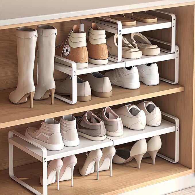 Expandable 1-Tier Metal Shoe Rack (H:10"), Adjustable Width 14.9"-23.6", Heavy-Duty Stackable Free-Standing Shoe Shelf for Cl