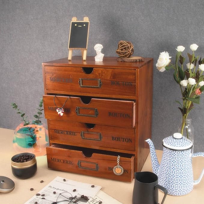 Wooden Storage Box with Drawers Vintage Office Supplies and Accessories Letter Tray Wood Desktop File Organizer 4 Tier Paper 