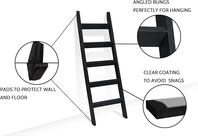 FUIN 5ft (58") Wood Blanket Ladder Living Room Decorative Wall Leaning Farmhouse Quilt Display Holder Storage Rustic Wooden T