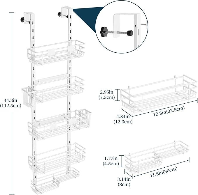 Consumest Over The Door Shower Caddy - 5 Tier Adjustable Shower Organizer Hanging with 2 Toothbrush Holders & 4 Hooks, Rustpr