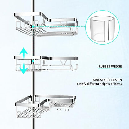 Corner Shower Caddy Tension Pole - Chrome Tension Rod Shower Caddy Adjustable Shampoo Holder for Bathroom/Bathtub/RV, Stainle