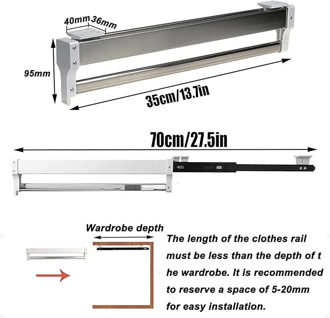 Extendable Clothes Rail with Sliding Track, Pull Out Closet Rod Adjustable 30-60cm Wardrobe Rail Clothes Rack, Wardrobe Organ
