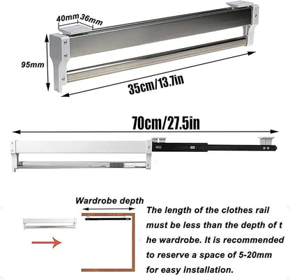Extendable Clothes Rail with Sliding Track, Pull Out Closet Rod Adjustable 30-60cm Wardrobe Rail Clothes Rack, Wardrobe Organ