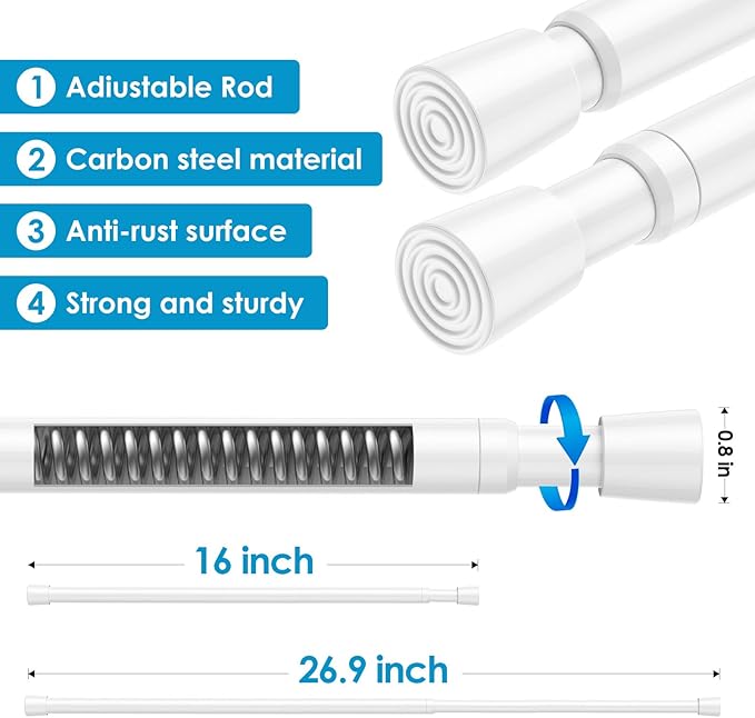 6pack White Tension Curtain Rod 16-26.9 inch Spring Tension Rod Curtain Rod Adjustable Spring Rod Extendable Tension Rod for 