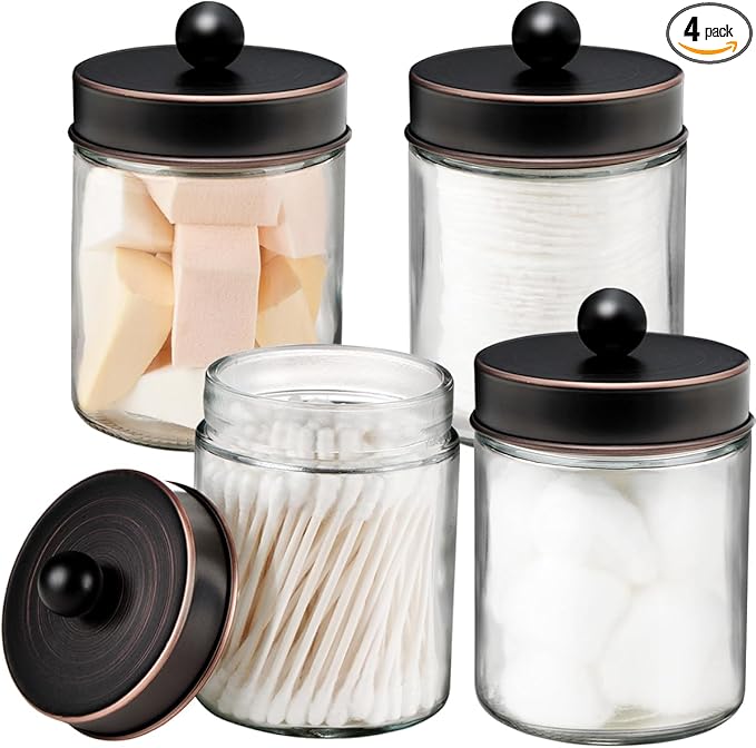 Amolliar 4Pc Apothecary Jars Bathroom Vanity Storage Organizer-Countertop Canister & Stainless Steel Lids &Cute Stickers -Qti