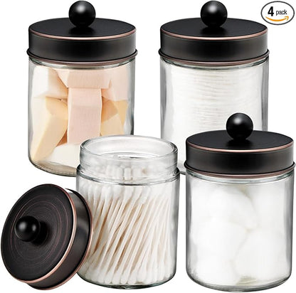 Amolliar 4Pc Apothecary Jars Bathroom Vanity Storage Organizer-Countertop Canister & Stainless Steel Lids &Cute Stickers -Qti