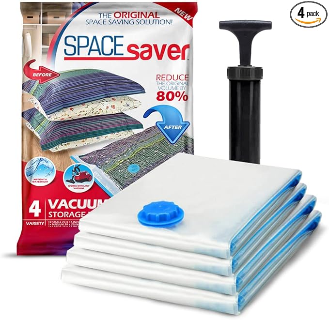 4 Pack Variety Vacuum Storage Bags for Comforters, Blankets & Clothes – Vacuum Sealed Compression Bags with Hand Pump – Space