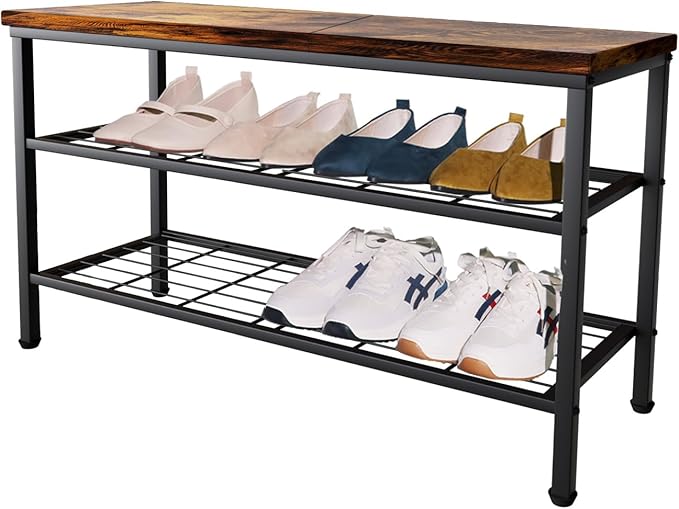 3-Tier Metal Shoe Rack with Wood Top - Durable & Space-Saving Shoe Organizer,Industrial Shoe Organizer Shelf Bench Storagefor