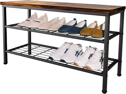 3-Tier Metal Shoe Rack with Wood Top - Durable & Space-Saving Shoe Organizer,Industrial Shoe Organizer Shelf Bench Storagefor