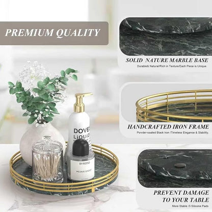 Green Marble Lazy Susan Turntable for Table Top – 10” Round Marble Tray Organizer for Dining Table, Kitchen Countertop & Bar,