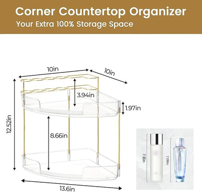 FELIZHOUSE 2-Tier Makeup Organizer for Vanity & Bathroom Countertop – Acrylic Storage Shelf with Perfume Tray & Makeup Brush 