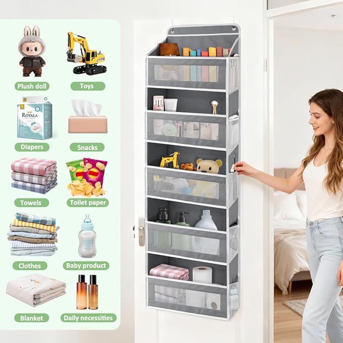 Over The Door Storage Organizer with 5 Extra Large Pockets & Side Mesh Pouches, Hanging Closet Door Organizer for Bedroom, Pa