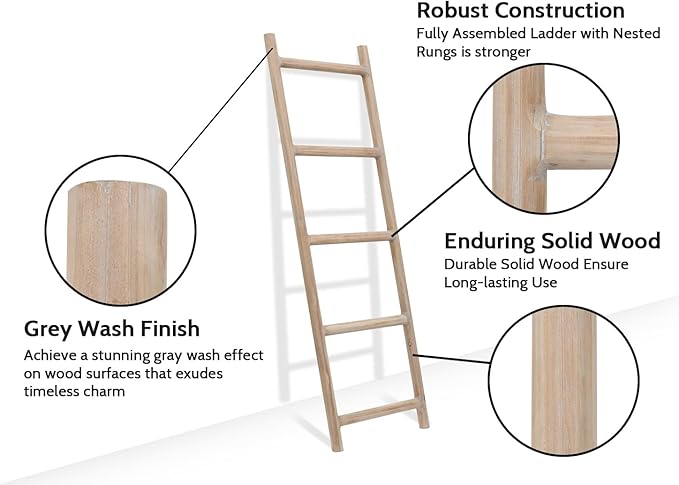 FUIN Fully Assembled 5ft Wood Blanket Ladder Living Room Decorative Wall Leaning Farmhouse Quilt Display Holder Rustic Wooden