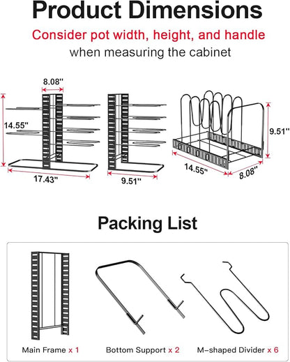 MUDEELA Pots and Pans Organizer Rack under Cabinet 14.55in Height, 8-Tiers Adjustable Pot Rack with 3 DIY Methods, Pot Lid Organizer inside Cabinet for Kitchen Pantry Organization and Storage