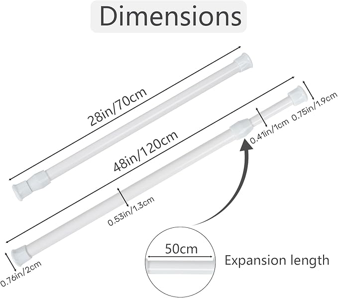2Pcs Spring Tension Curtain Rod, Adjustable Curtain Rods 28-48 inch, Spring Loaded Curtain Rods No Drilling Extension Rod, (W