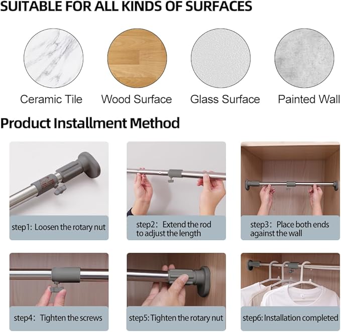 Hershii Expandable Window Shower Curtain Tension Rod Oval Head Clothes Hanging Bar Rail for Closet Wardrobe, No Drilling, 25.