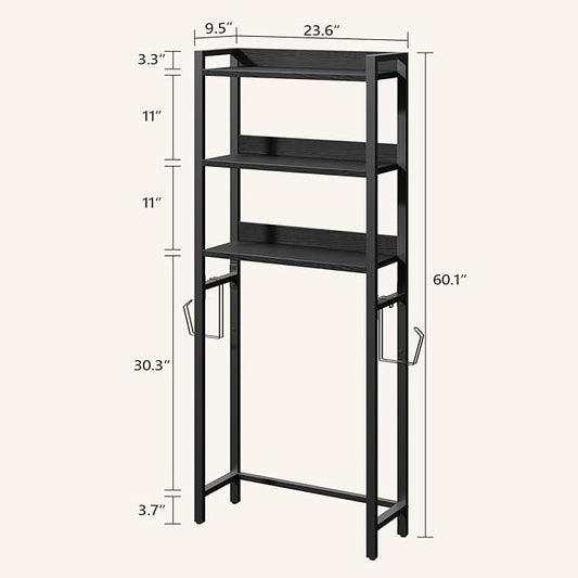Over The Toilet Storage Rack, 3 Tier Bathroom Organizer Over Toilet, Freestanding Space Saver Toilet Stand with 2 Hooks, Bath