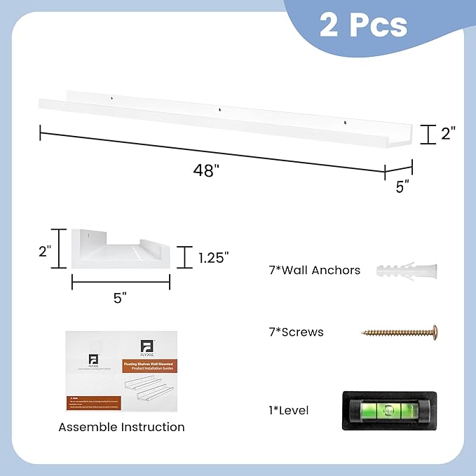 Picture Ledge Shelf, Floating Shelves Set of 2, Solid Ash Wood 48'' Long Large Nursery Book Shelves for Toys Storage, Kids Bo