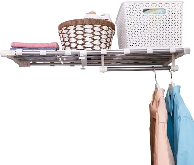 BAOYOUNI Adjustable Closet Shelf Extension Rod Clothes Storage Rack Organizer Hanger DIY Dividers Space Savers with 6 Mesh Sp