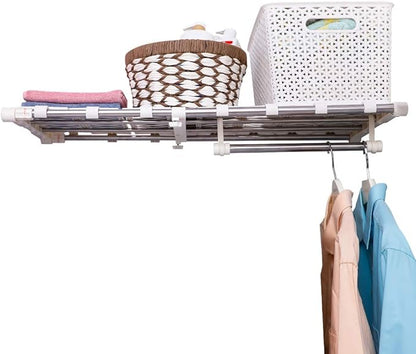 BAOYOUNI Adjustable Closet Shelf Extension Rod Clothes Storage Rack Organizer Hanger DIY Dividers Space Savers with 6 Mesh Sp