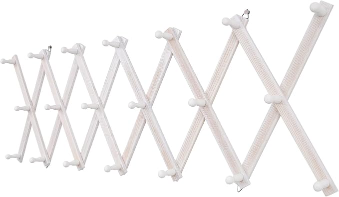 SCUNDA Accordion Wall Hanger with 20 Hooks, Wooden Wall Expandable Coat Rack for Coat, Hats, Baseball Caps, Coffee Mug, Jewel
