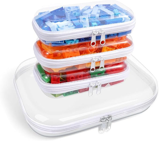 Clear Hard Plastic Zipper Case,Transparent Double Zippers Hard Pouch with 3pcs,Portable Travel Organizer Bin for Toy Storage