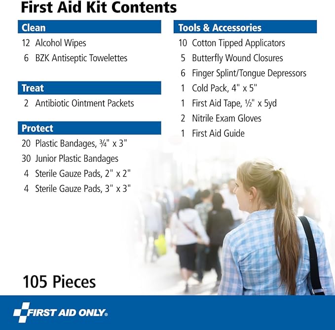 First Aid Only 91249 On-The-Go All-Purpose Emergency First Aid Kit for Car, Travel, Home and Business, 105 Pieces