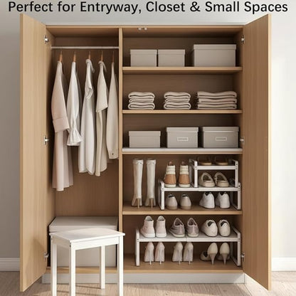 Expandable 1-Tier Metal Shoe Rack (H:10"), Adjustable Width 14.9"-23.6", Heavy-Duty Stackable Free-Standing Shoe Shelf for Cl