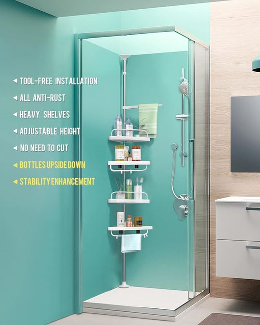 4 Layer Corner Shower Caddy, Stainless Steel Constant Tension Pole Shower Organizer, Adjustable Corner Shower Shelf, Rustproo