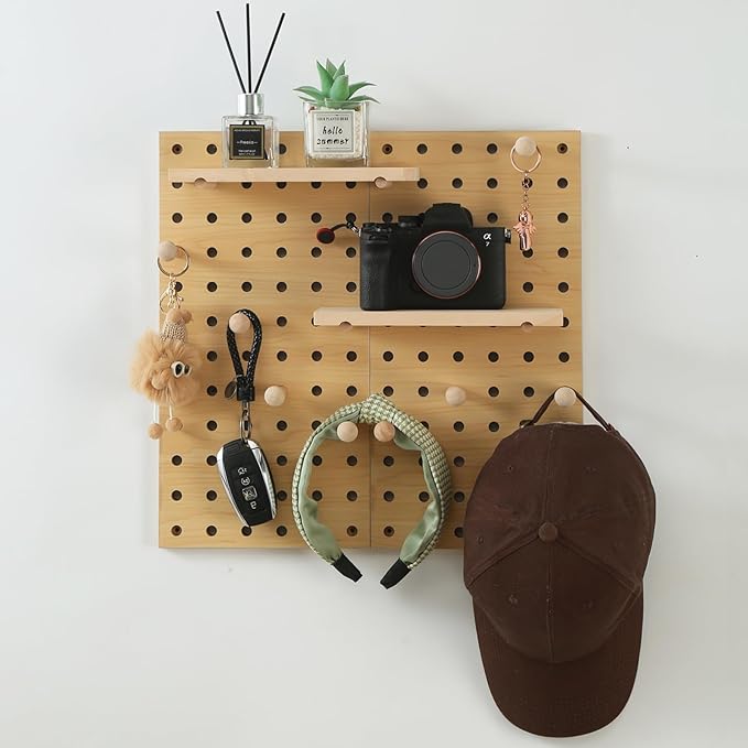 Beige Wood Pegboard Modular Display Wooden Pegboard Combination Wall Organizer Storage Wall Hooks Shelf for Home, Office, Bat