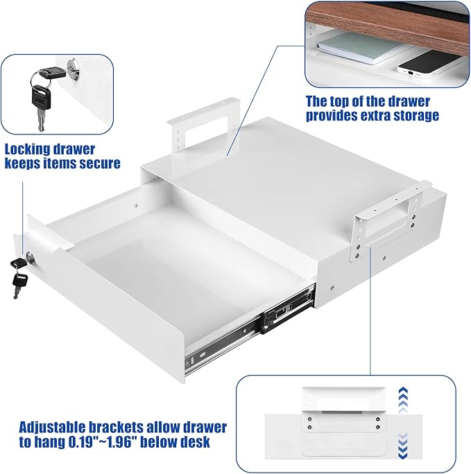 16 inch Under Desk Mounted Drawer with Tall Brackets Height Adjustable Pull Out Drawer Covered with Lock Secure for Office De