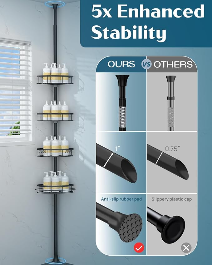 SEIRIONE Corner Shower Caddy Tension Pole, Rustproof Bathroom Shower Organizer Corner, 4-Tier Adjustable Bathroom Shelf, Soli