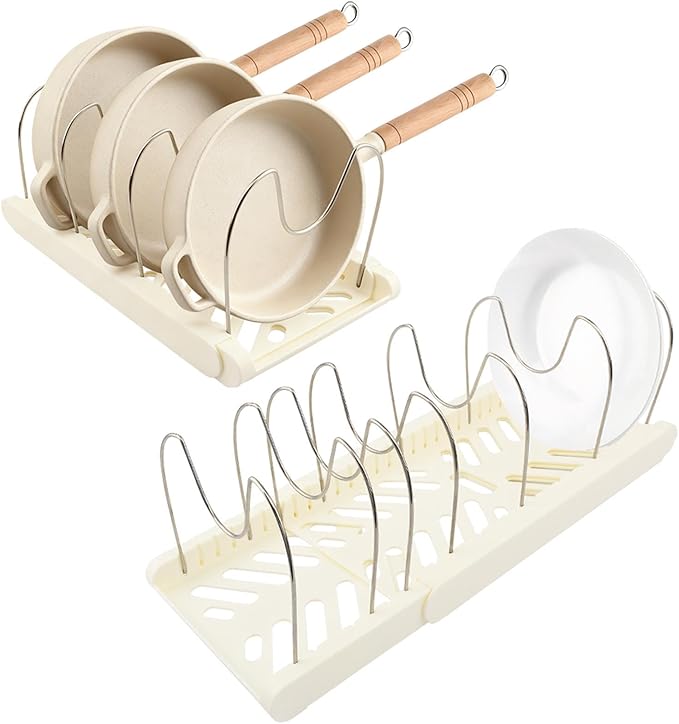 Pots and Pans Organizer for under Cabinet, Expandable Pot Lid Holder with 10 Adjustable Compartment, Pan Organizers inside Cabinet for Lids, Bakeware, Cutting Boards(COLOR:White)
