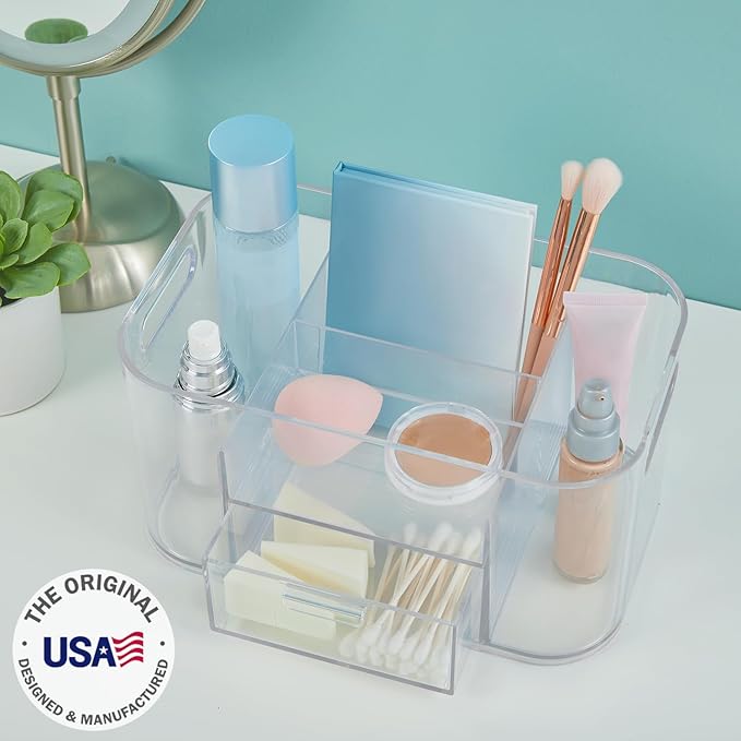 STORi Bliss Clear Makeup Organizer for Countertop, Divided Bathroom Organizer & Storage Drawer, Makeup Brush Holder, Cosmetic
