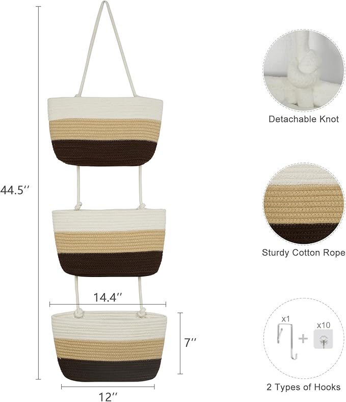 TeoKJ Over the Door Hanging Basket, 3-Tier Woven Cotton Wall-Mounted Storage Organizer Bag Decorative Hanging Nursery Baskets