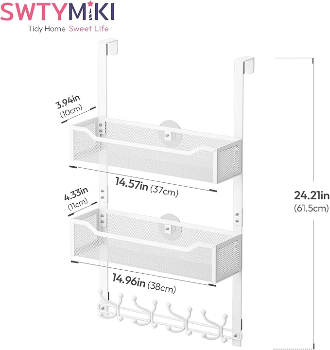 SWTYMIKI Over The Door Hook with 16 Hooks & 2 Mesh Baskets - Heavy Duty Over The Door Organizer Hanger for Towels, Coats, Clo