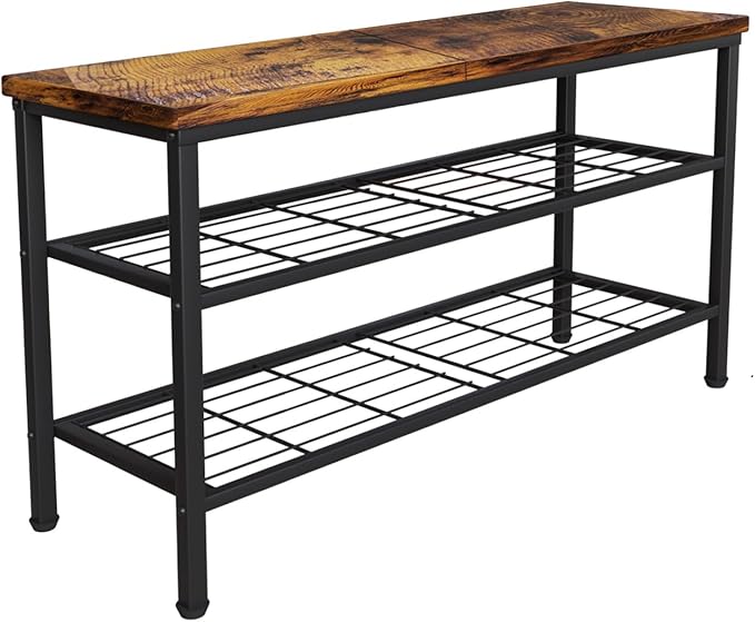 3-Tier Metal Shoe Rack with Wood Top - Durable & Space-Saving Shoe Organizer,Industrial Shoe Organizer Shelf Bench Storagefor