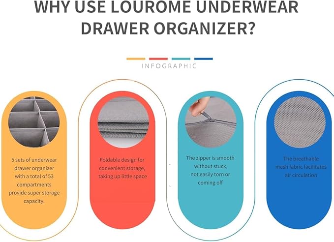 Lourome Underwear Organizer, 10 Set Foldable Fabric Underwear Drawer Organizer and Sock Organizer, Drawer Organizers for Clot