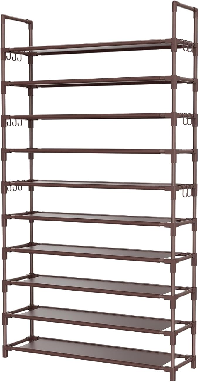 LANTEFUL Tall Shoe Rack 10 Tier Shoe Organizer Large Shoe Shelf with 18 Hooks Storage for 50 Pair Sneaker and Boot, Stackable