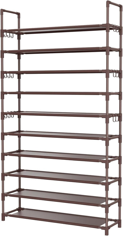 LANTEFUL Tall Shoe Rack 10 Tier Shoe Organizer Large Shoe Shelf with 18 Hooks Storage for 50 Pair Sneaker and Boot, Stackable