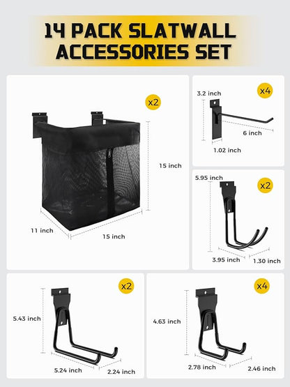 AZUNO 14 PCS Slatwall Accessories Kit - 2 Pack Large Mesh Slatwall Baskets with Front Zipper & 12 Pack Heavy Duty Slat Wall H